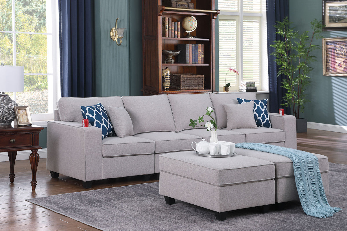 Cooper Light Gray Linen 4-Seater Sofa with 2 Ottomans and Cupholder, 89131-17A