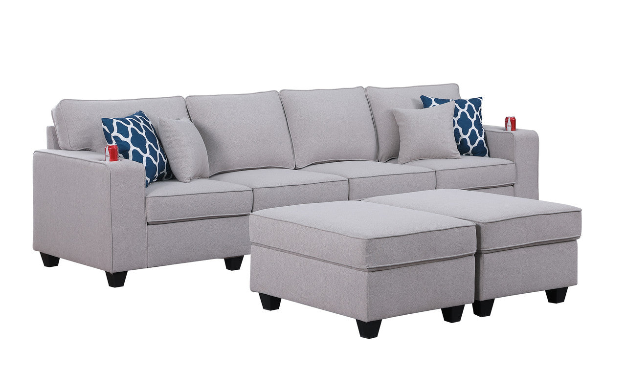 Cooper Light Gray Linen 4-Seater Sofa with 2 Ottomans and Cupholder, 89131-17A