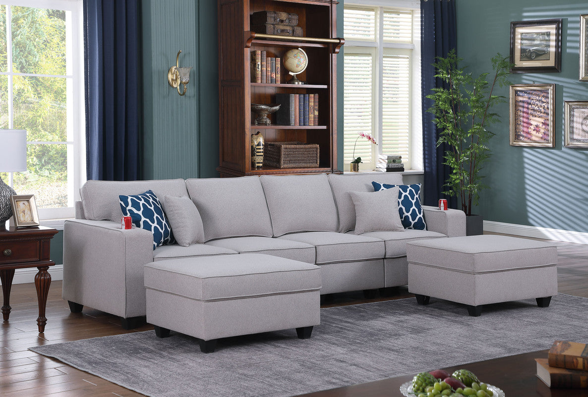 Cooper Light Gray Linen 4-Seater Sofa with 2 Ottomans and Cupholder, 89131-17B