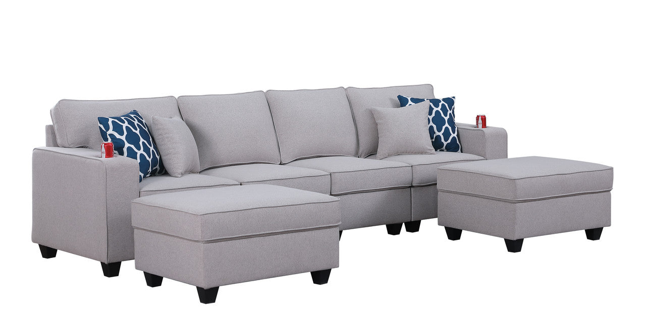 Cooper Light Gray Linen 4-Seater Sofa with 2 Ottomans and Cupholder, 89131-17A