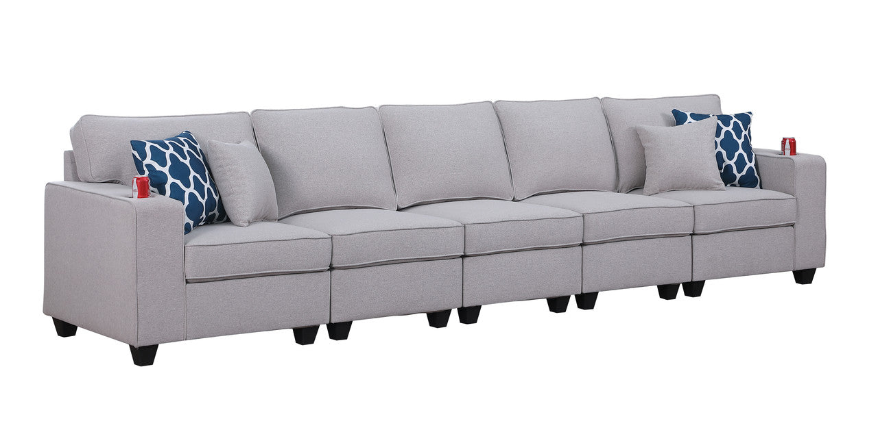 Lilola Home Cooper Light Gray Linen 5-Seater Sofa with Cupholder