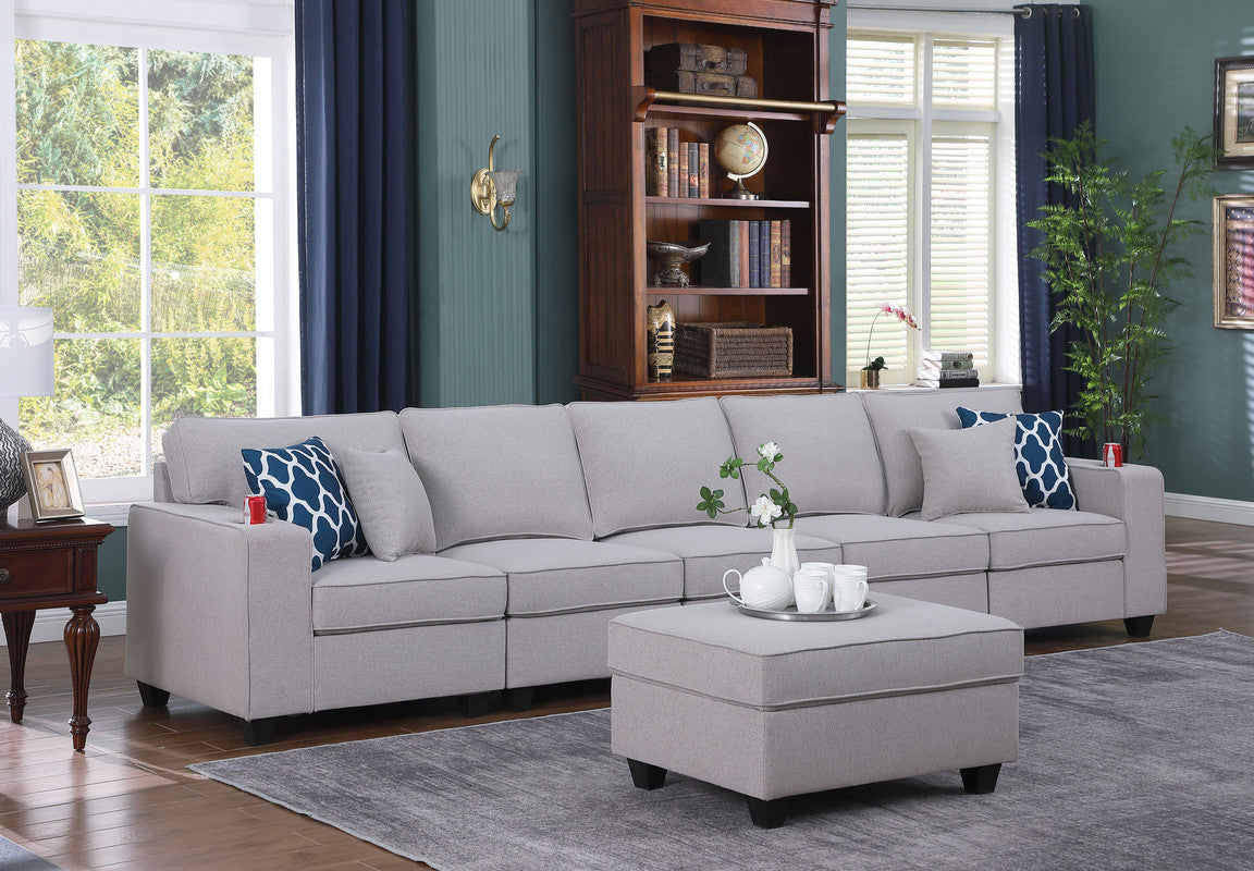 Cooper Light Gray Linen 5-Seater Sofa with Ottoman and Cupholder, 89131-19A