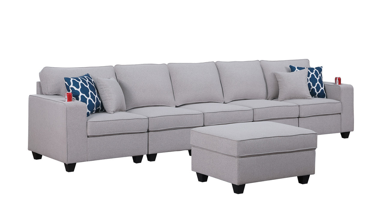 Cooper Light Gray Linen 5-Seater Sofa with Ottoman and Cupholder, 89131-19A