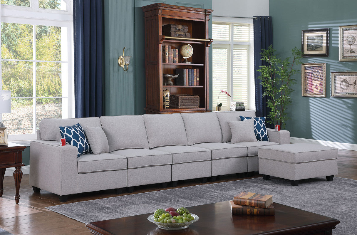 Cooper Light Gray Linen 5-Seater Sofa with Ottoman and Cupholder, 89131-19B