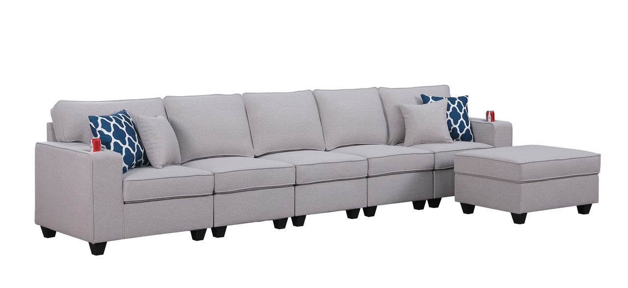 Cooper Light Gray Linen 5-Seater Sofa with Ottoman and Cupholder, 89131-19A