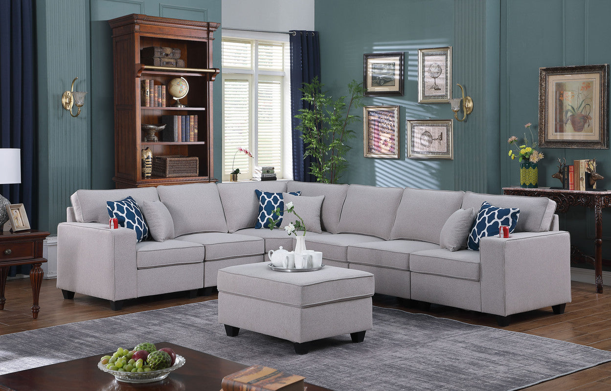 Cooper Light Gray Linen 7Pc Reversible L-Shape Sectional Sofa, Ottoman, 89131-2A