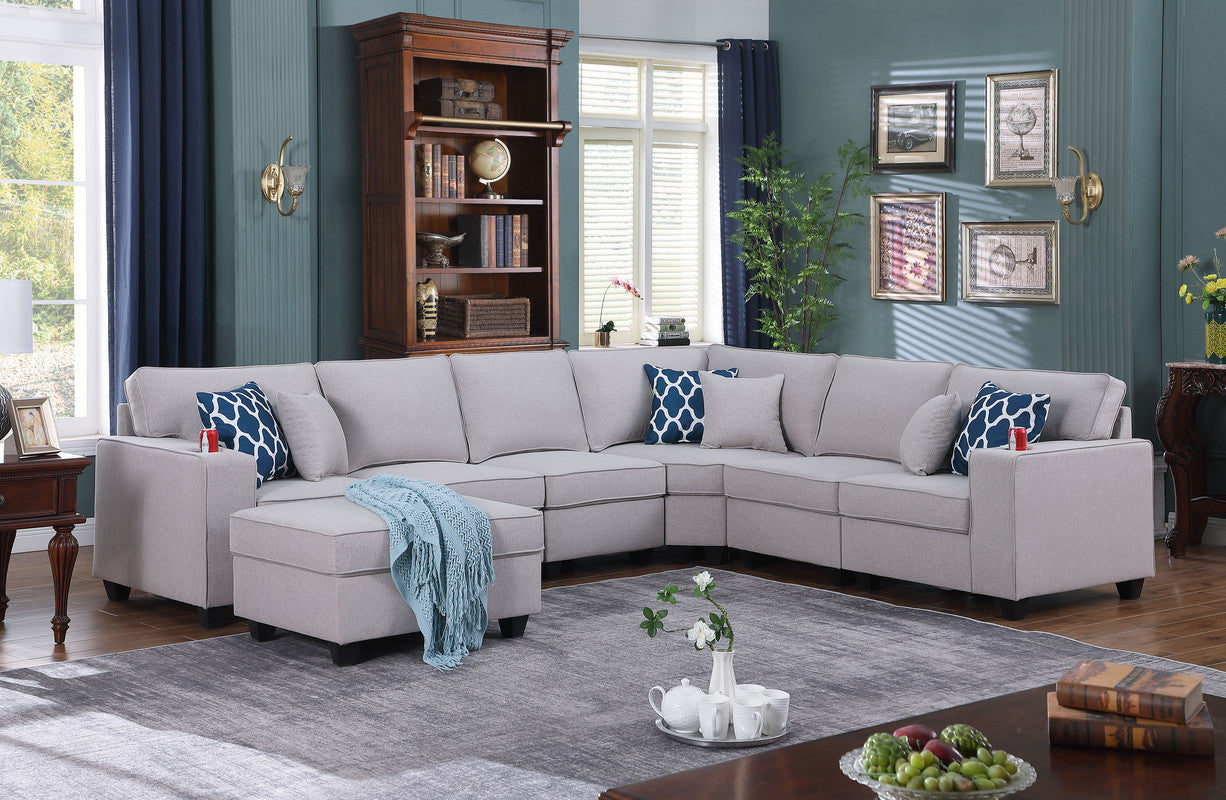 Cooper Light Gray Linen 7Pc Reversible L-Shape Sectional Sofa, Ottoman, 89131-2D