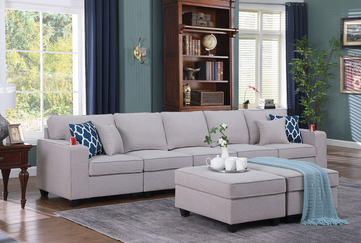 Cooper Light Gray Linen 5-Seater Sofa with 2 Ottomans and Cupholder, 89131-20A