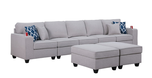 Cooper Light Gray Linen 5-Seater Sofa with 2 Ottomans and Cupholder, 89131-20A