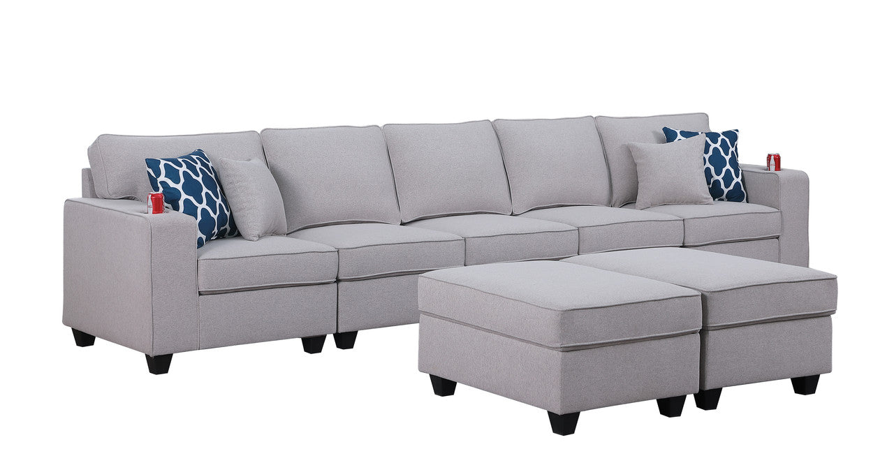 Cooper Light Gray Linen 5-Seater Sofa with 2 Ottomans and Cupholder, 89131-20B