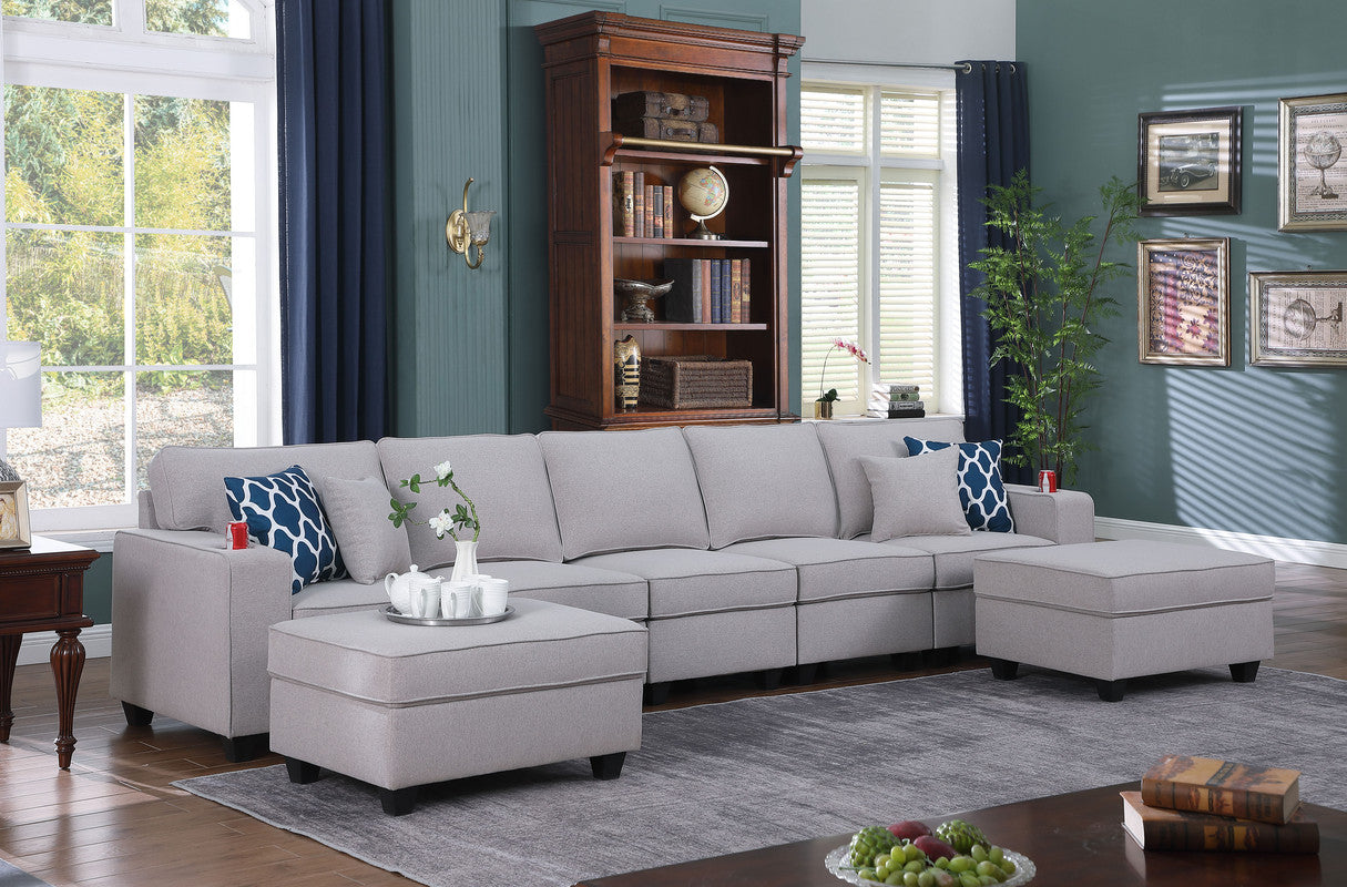 Cooper Light Gray Linen 5-Seater Sofa with 2 Ottomans and Cupholder, 89131-20B