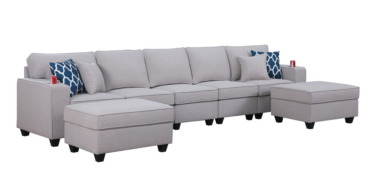 Cooper Light Gray Linen 5-Seater Sofa with 2 Ottomans and Cupholder, 89131-20A