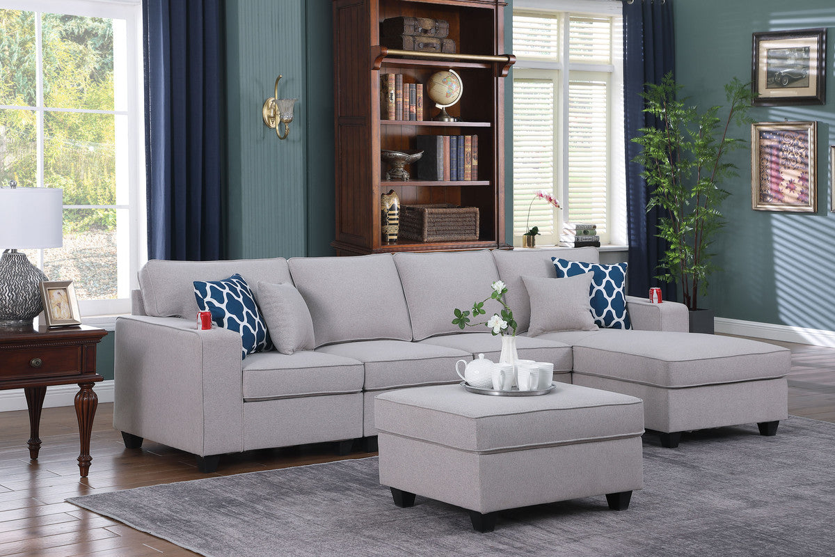 Cooper Light Gray Linen 5Pc Sectional Sofa Chaise, Ottoman, Cupholder, 89131-6A