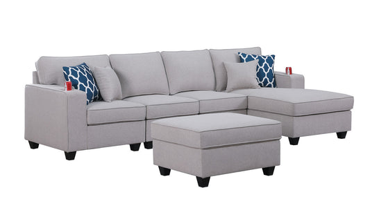 Cooper Light Gray Linen 5Pc Sectional Sofa Chaise, Ottoman, Cupholder, 89131-6A