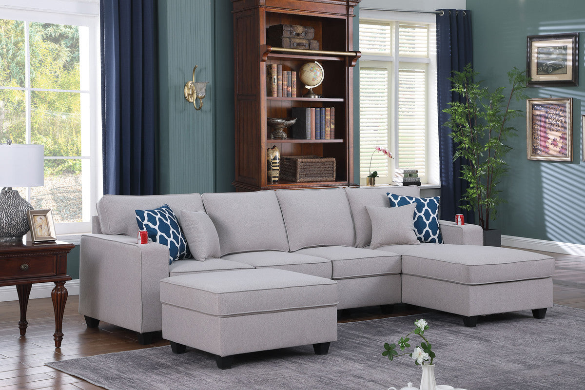 Cooper Light Gray Linen 5Pc Sectional Sofa Chaise, Ottoman, Cupholder, 89131-6B