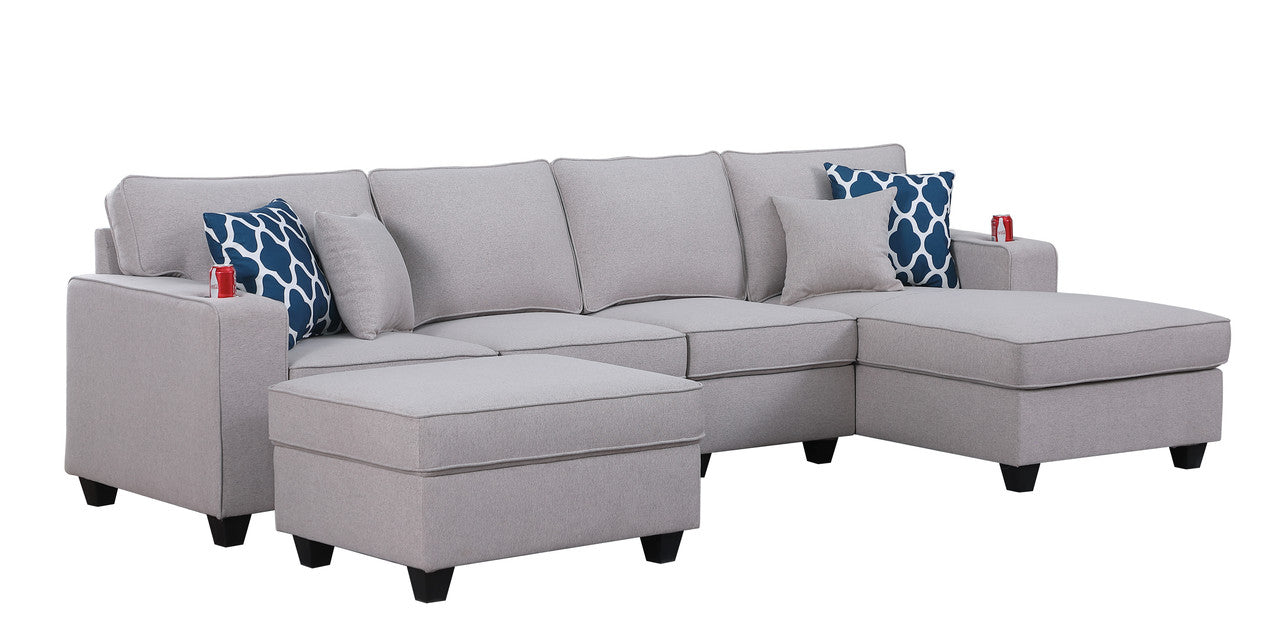 Cooper Light Gray Linen 5Pc Sectional Sofa Chaise, Ottoman, Cupholder, 89131-6A