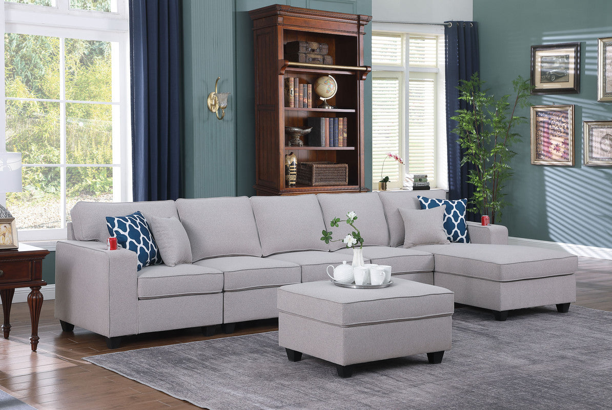 Cooper Light Gray Linen 6Pc Sectional Sofa Chaise, Ottoman, Cupholder, 89131-7A