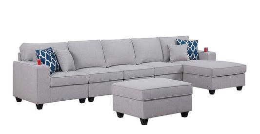 Cooper Light Gray Linen 6Pc Sectional Sofa Chaise, Ottoman, Cupholder, 89131-7A