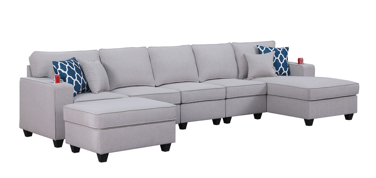 Cooper Light Gray Linen 6Pc Sectional Sofa Chaise, Ottoman, Cupholder, 89131-7A