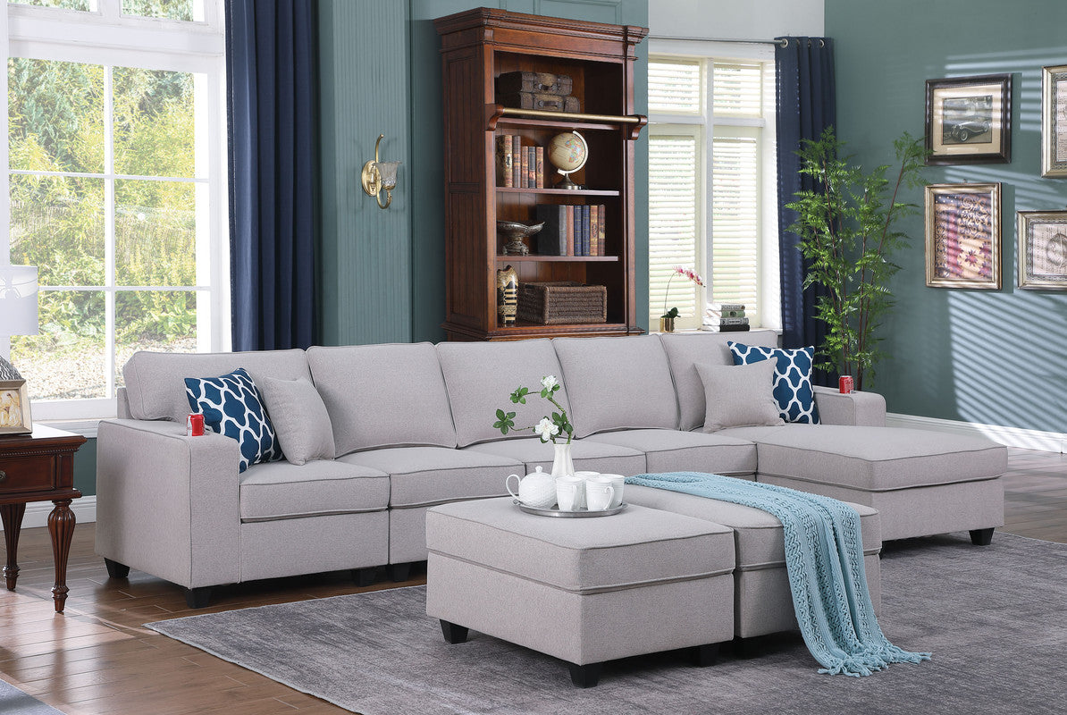 Cooper Light Gray Linen Sectional Sofa Chaise with 2 Ottomans and Cupholder