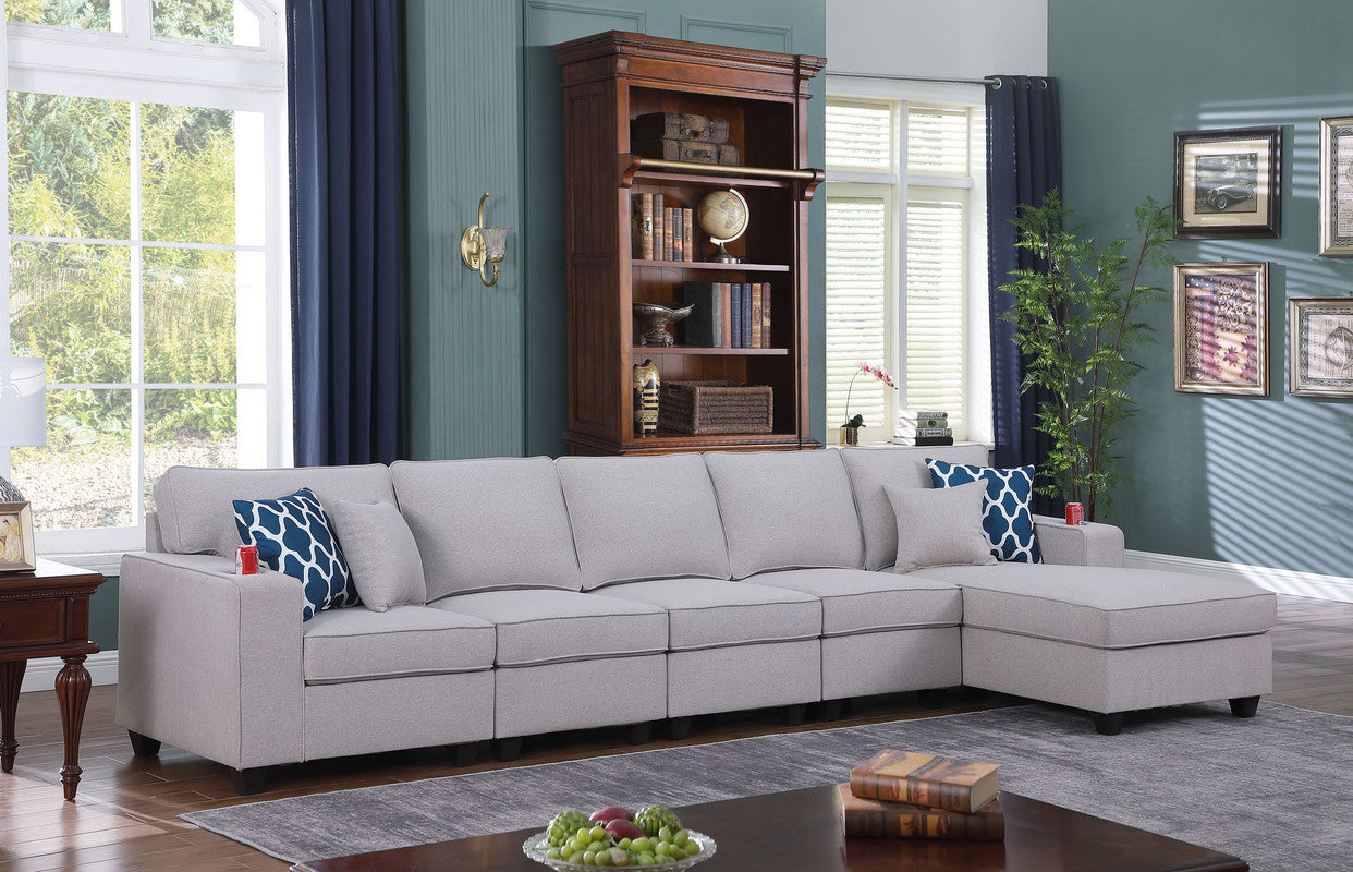 Lilola Home Cooper Light Gray Linen 5Pc Sectional Sofa Chaise with Cupholder