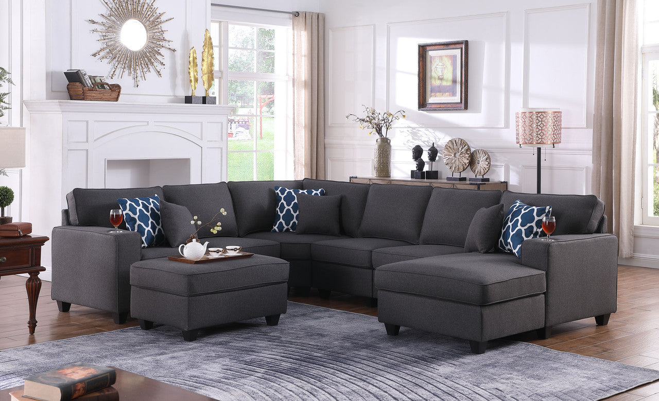 Cooper Dark Gray Linen 7Pc Modular Sectional Sofa Chaise with Ottoman, Cupholder