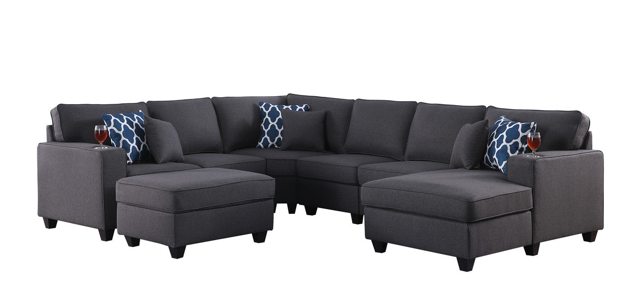 Cooper Dark Gray Linen 7Pc Modular Sectional Sofa Chaise with Ottoman, Cupholder