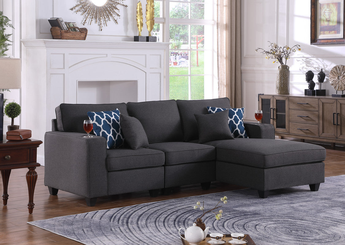 Lilola Home Cooper Dark Gray Linen Sectional Sofa Chaise with Cupholder