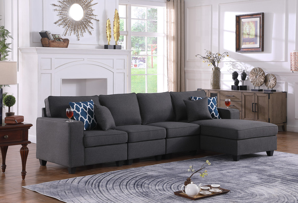 Lilola Home Cooper Dark Gray Linen 4Pc Sectional Sofa Chaise with Cupholder