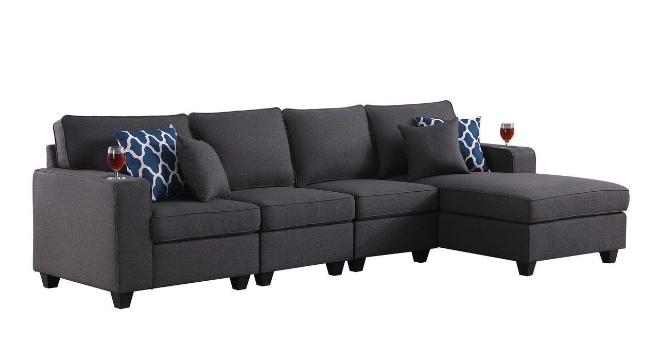 Lilola Home Cooper Dark Gray Linen 4Pc Sectional Sofa Chaise with Cupholder