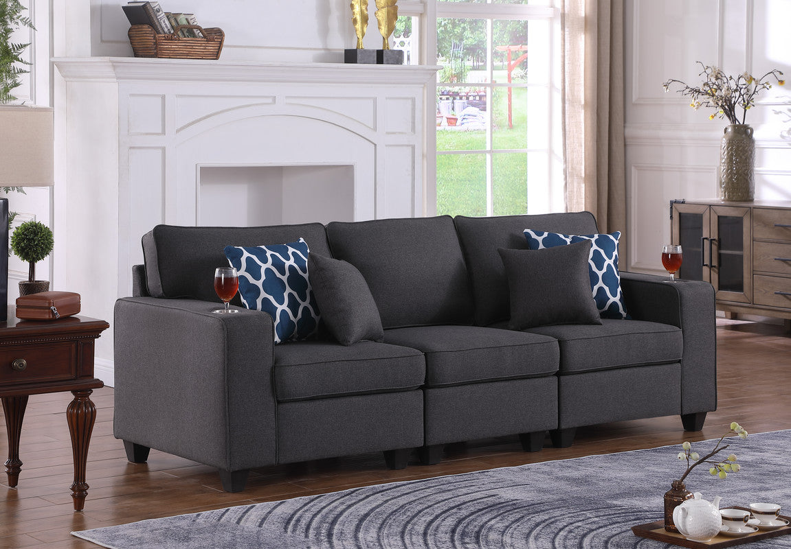 Lilola Home Cooper Dark Gray Linen Sofa with Cupholder