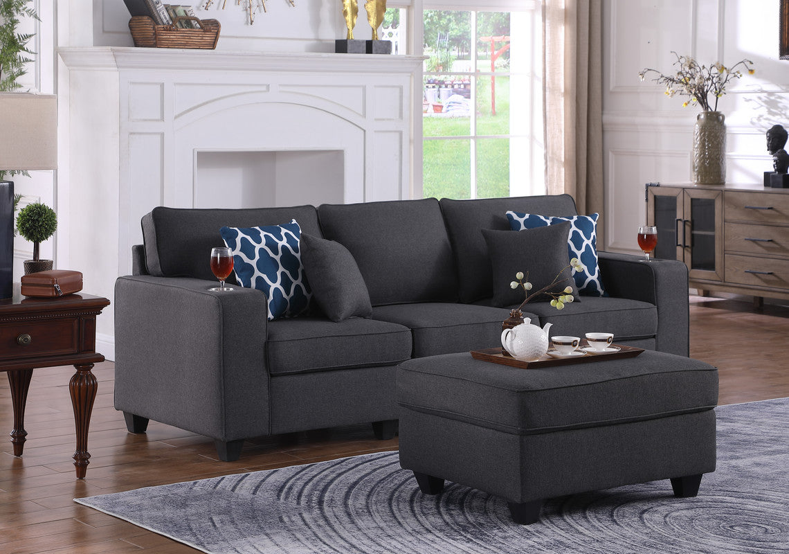 Lilola Home Cooper Dark Gray Linen Sofa with Ottoman and Cupholder, 89132-14A