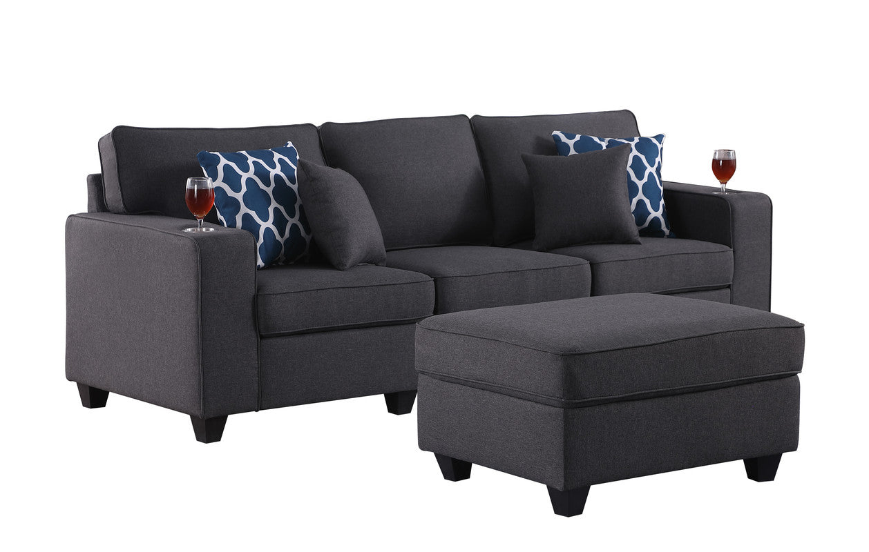 Lilola Home Cooper Dark Gray Linen Sofa with Ottoman and Cupholder, 89132-14A