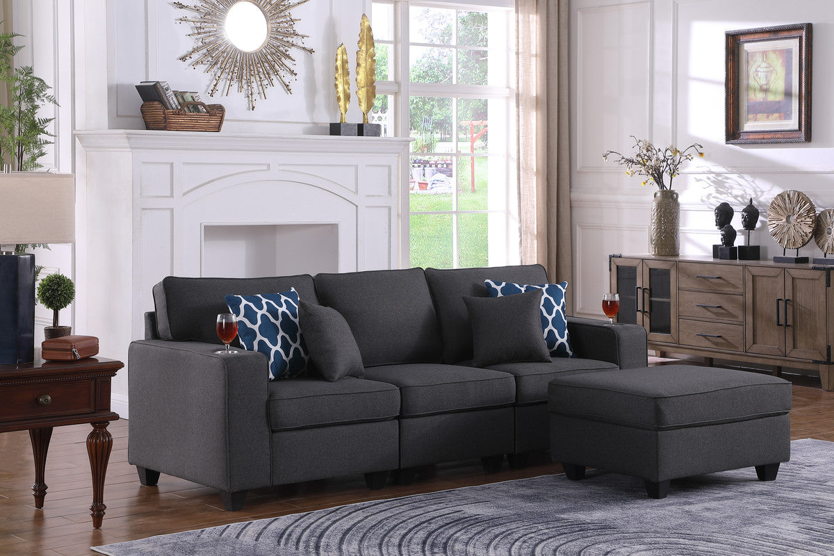 Lilola Home Cooper Dark Gray Linen Sofa with Ottoman and Cupholder, 89132-14B