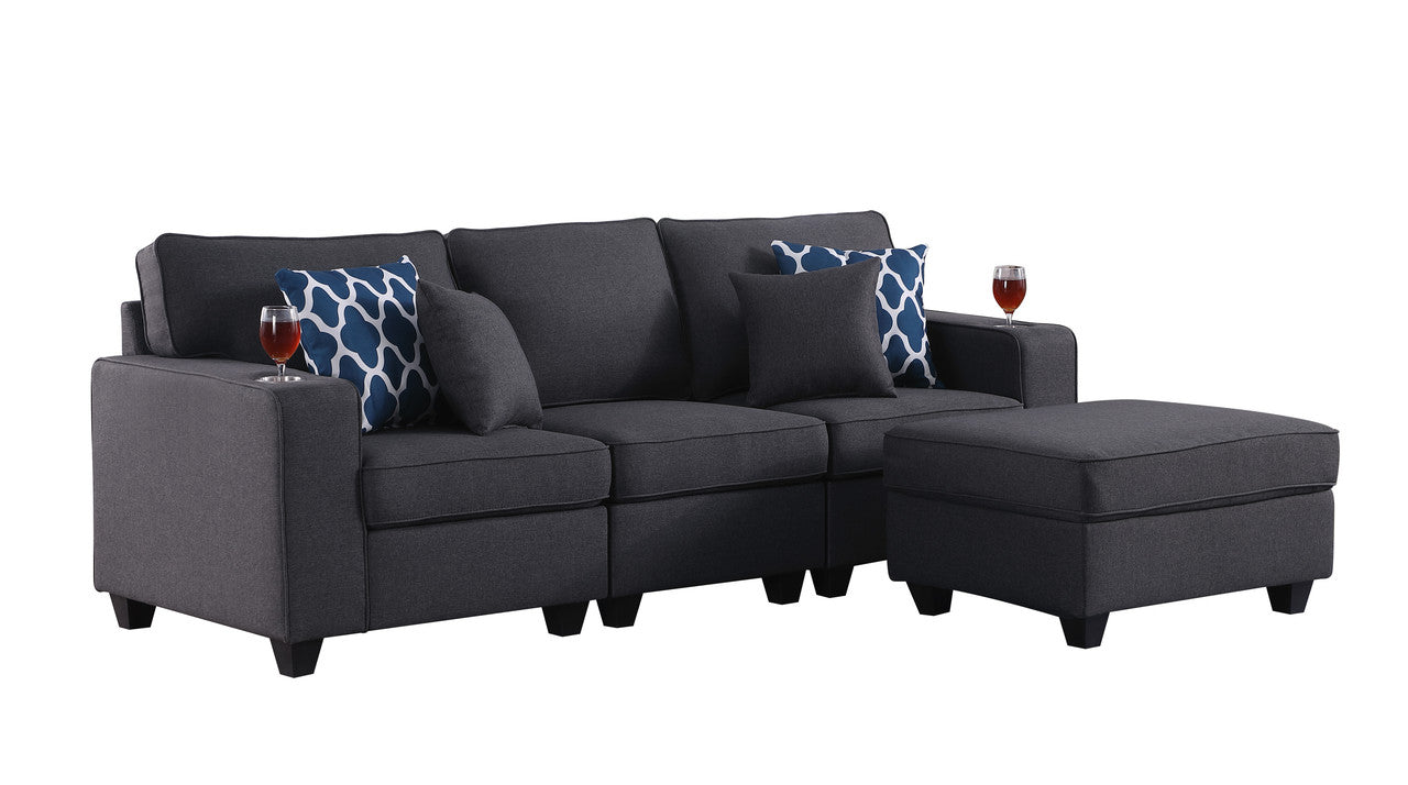 Lilola Home Cooper Dark Gray Linen Sofa with Ottoman and Cupholder, 89132-14A