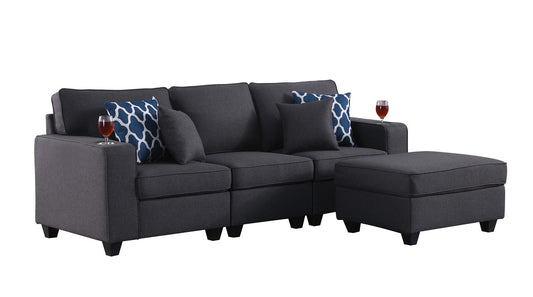 Lilola Home Cooper Dark Gray Linen Sofa with Ottoman and Cupholder, 89132-14B