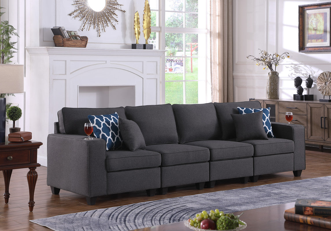 Lilola Home Cooper Dark Gray Linen 4-Seater Sofa with Cupholder