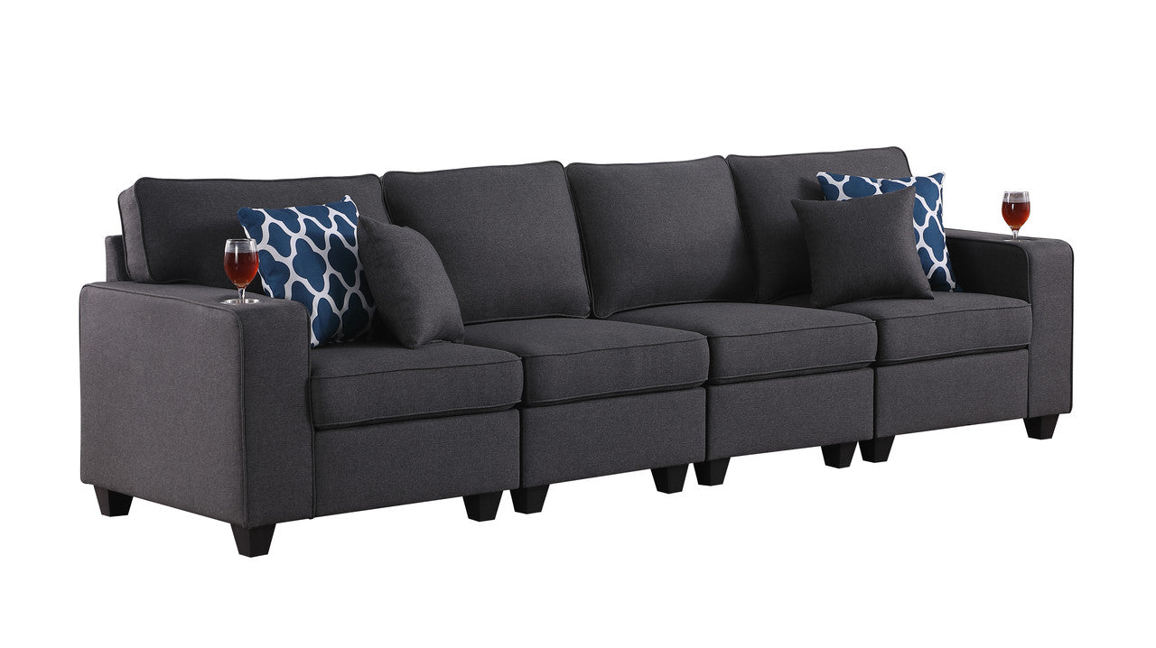 Lilola Home Cooper Dark Gray Linen 4-Seater Sofa with Cupholder