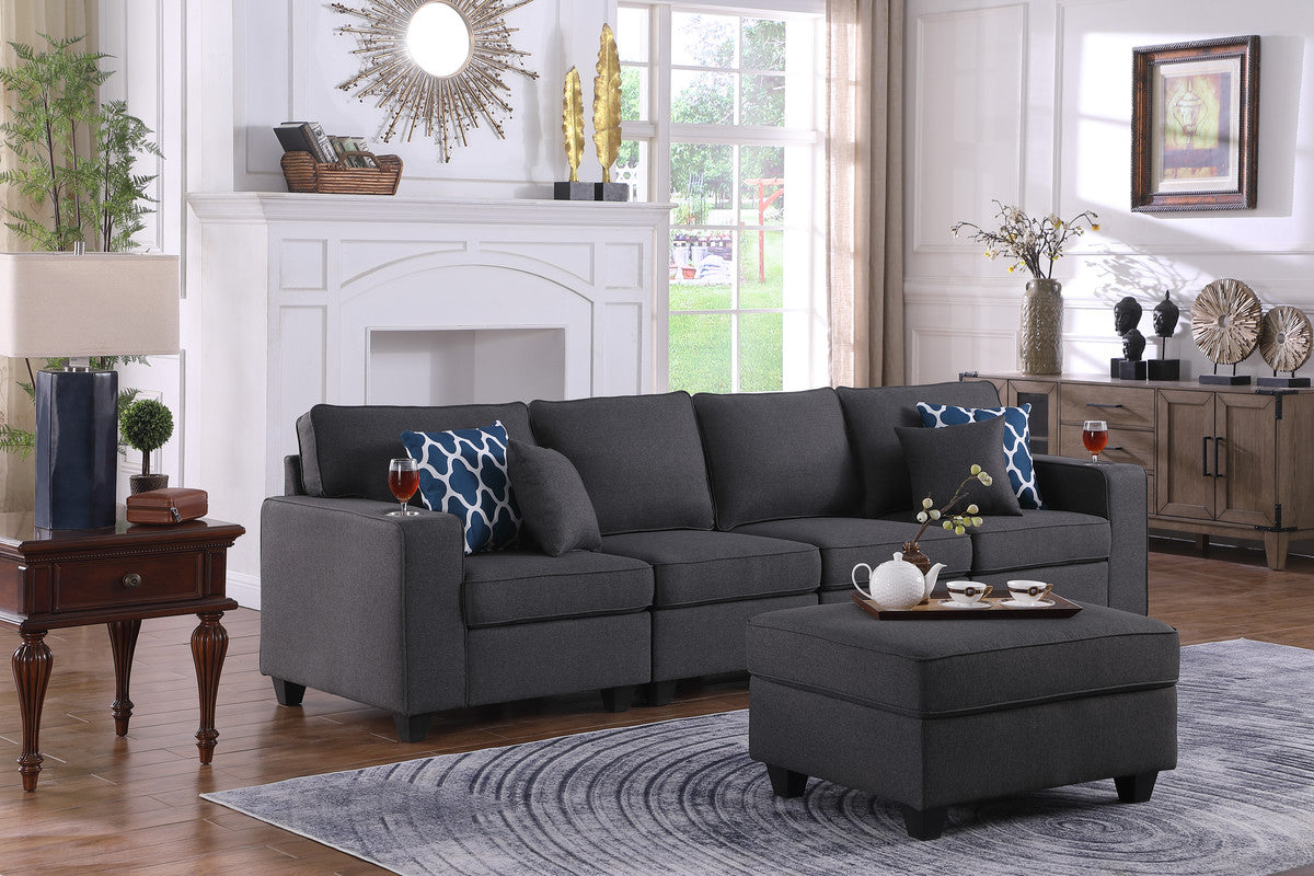 Cooper Dark Gray Linen 4-Seater Sofa with Ottoman and Cupholder, 89132-16A