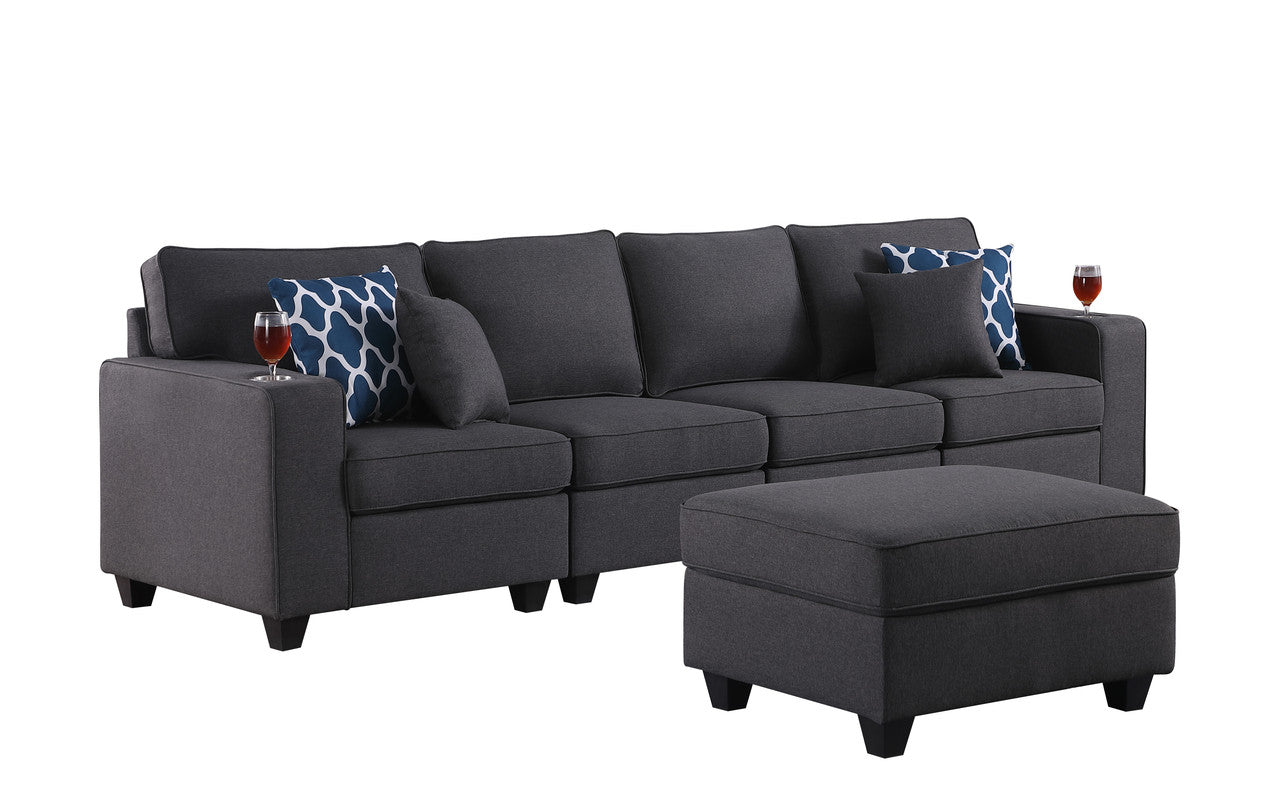 Cooper Dark Gray Linen 4-Seater Sofa with Ottoman and Cupholder, 89132-16A