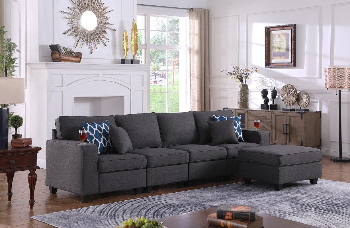 Cooper Dark Gray Linen 4-Seater Sofa with Ottoman and Cupholder, 89132-16B