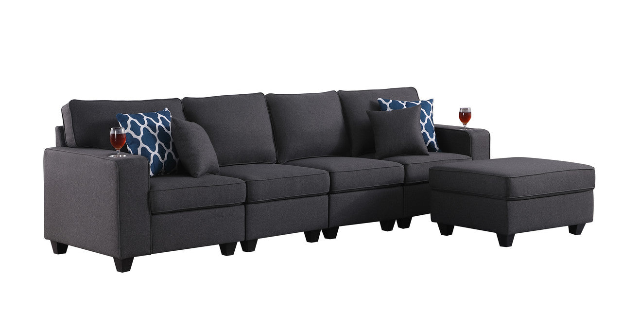 Cooper Dark Gray Linen 4-Seater Sofa with Ottoman and Cupholder, 89132-16A