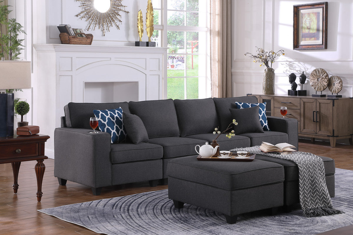 Cooper Dark Gray Linen 4-Seater Sofa with 2 Ottomans and Cupholder, 89132-17A