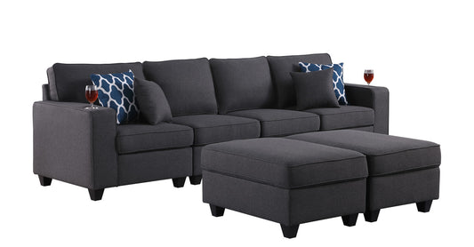 Cooper Dark Gray Linen 4-Seater Sofa with 2 Ottomans and Cupholder, 89132-17A