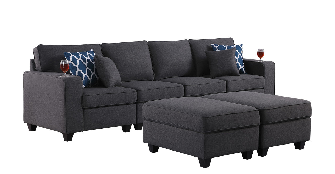 Cooper Dark Gray Linen 4-Seater Sofa with 2 Ottomans and Cupholder, 89132-17B