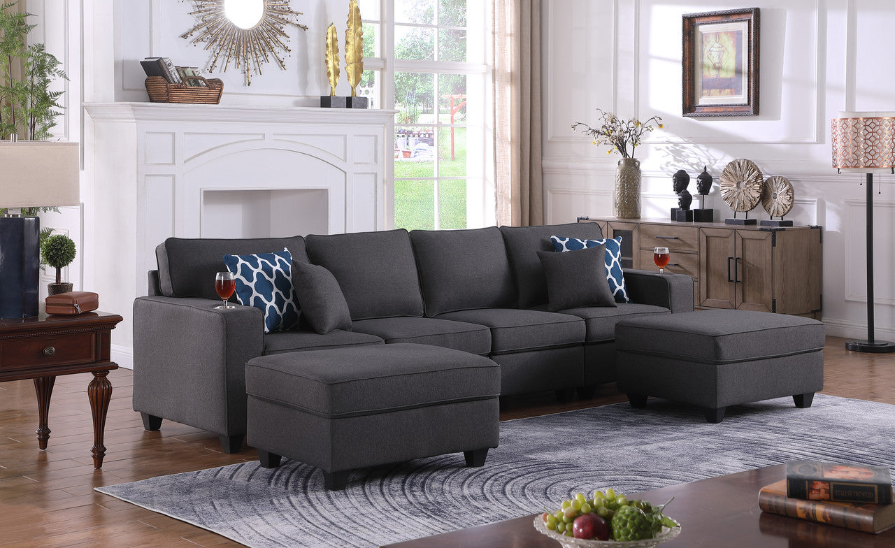 Cooper Dark Gray Linen 4-Seater Sofa with 2 Ottomans and Cupholder, 89132-17B