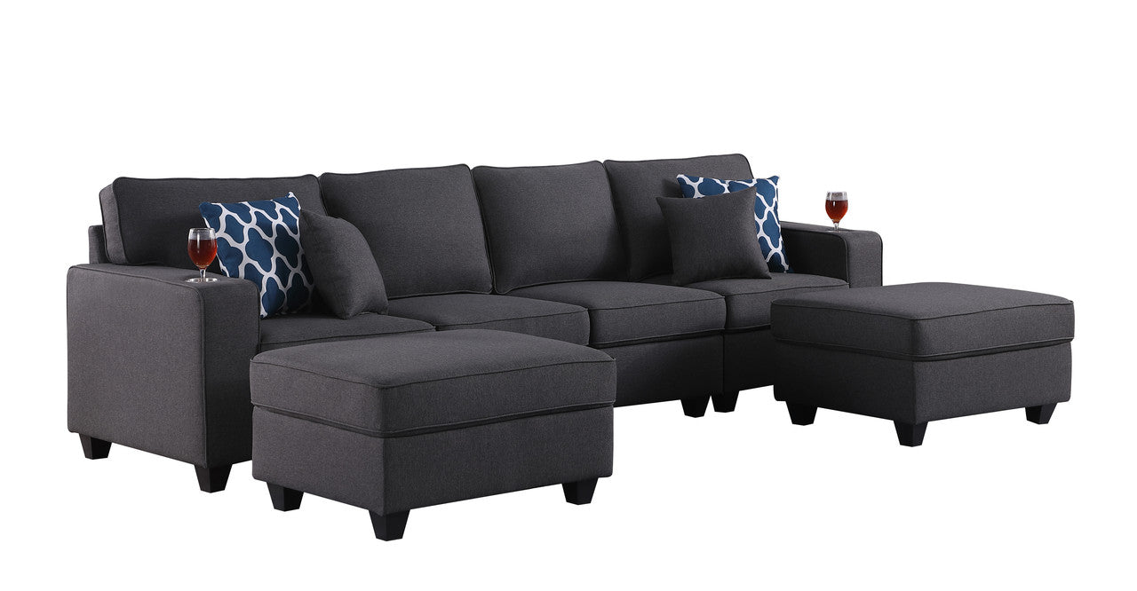 Cooper Dark Gray Linen 4-Seater Sofa with 2 Ottomans and Cupholder, 89132-17A