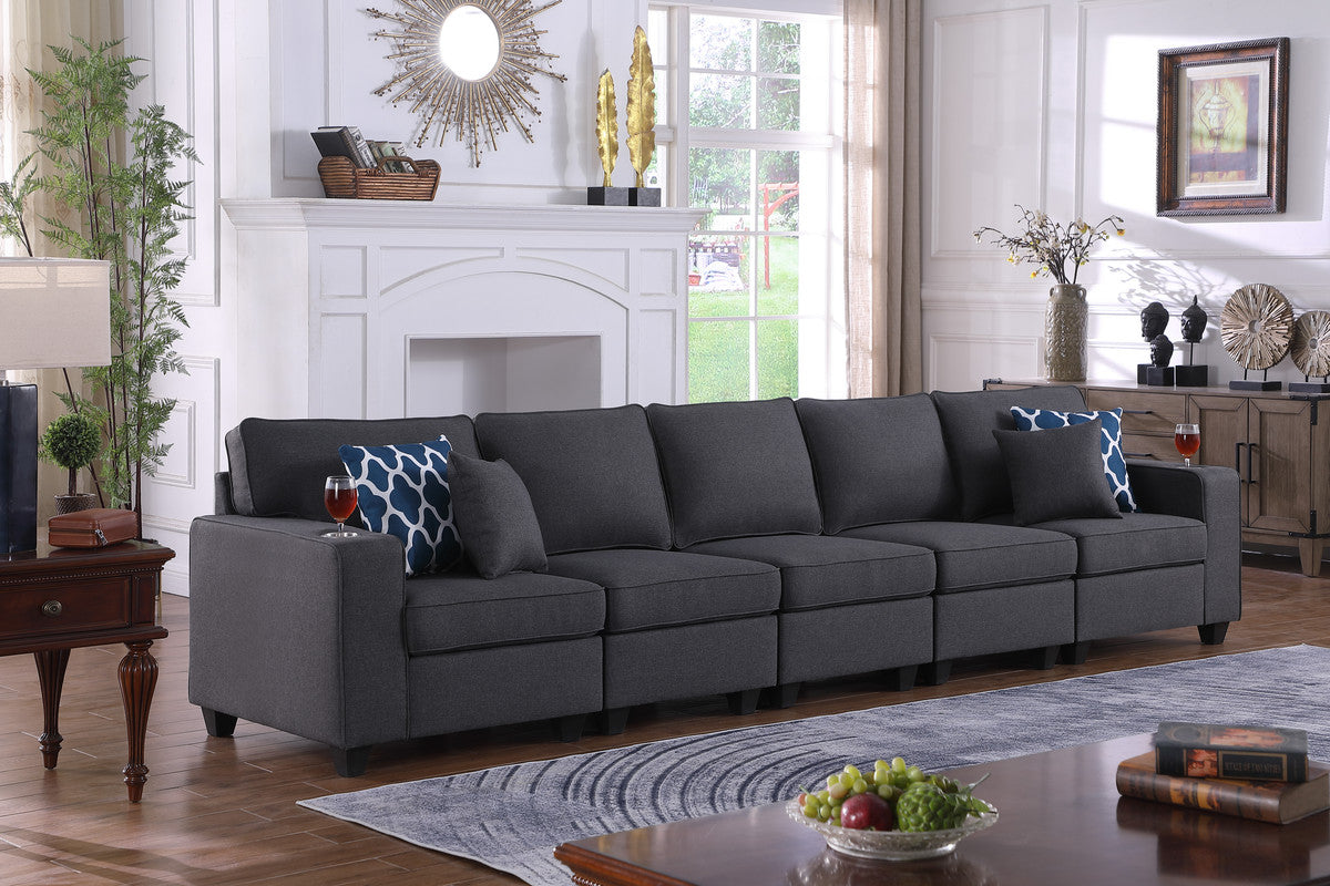 Lilola Home Cooper Dark Gray Linen 5-Seater Sofa with Cupholder