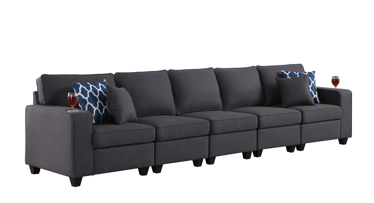 Lilola Home Cooper Dark Gray Linen 5-Seater Sofa with Cupholder