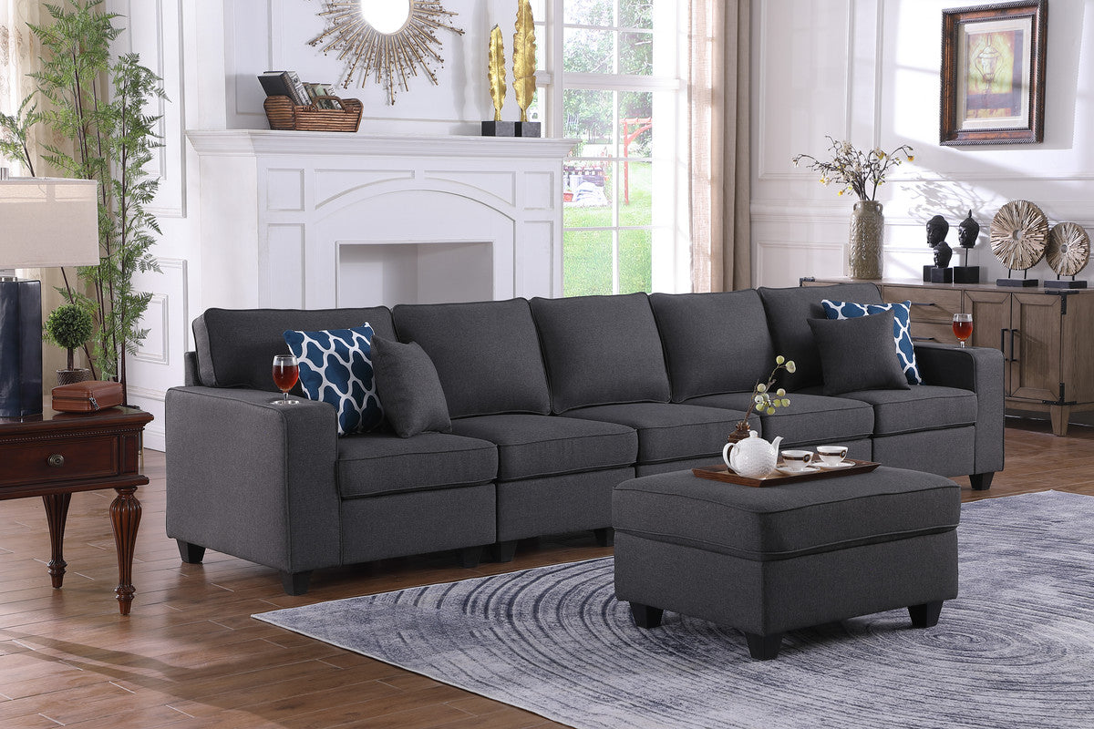 Cooper Dark Gray Linen 5-Seater Sofa with Ottoman and Cupholder, 89132-19A